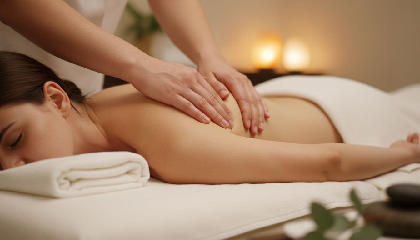 Close-up view of a massage therapist's hands applying slow, sustained deep pressure to loosen tight upper back muscles layer by layer on a client lying face down on a spa table in a calm setting with soft lighting.