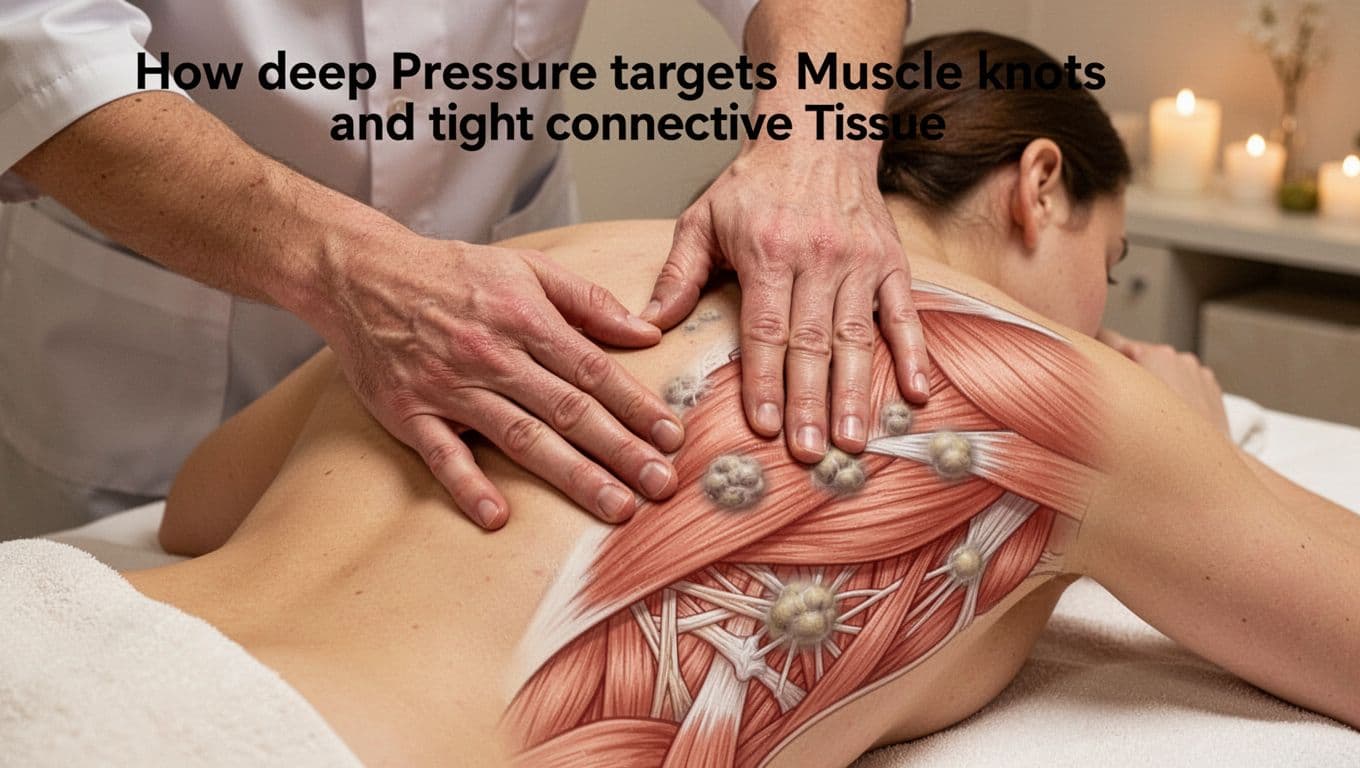 Deep Tissue Massage 2 Therapist's strong hands apply sustained deep pressure with thumbs and palms to a client's tight upper back, revealing tense muscle knots and fibrous adhesions beneath the skin in a subtle cutaway view in a professional spa room with soft lighting.