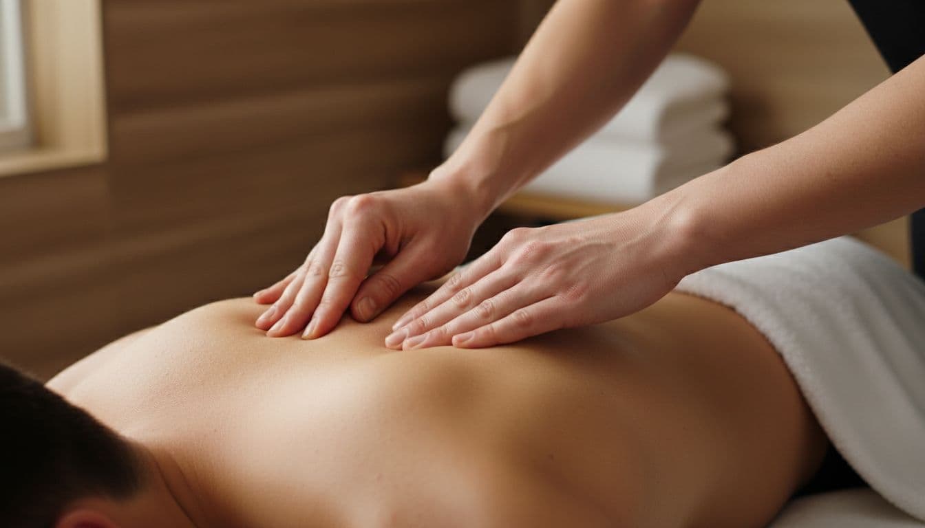 Close-up of therapist applying slow deep pressure with thumbs and palms to a tight knot in the upper trapezius muscle on a client's back in a professional massage therapy room.