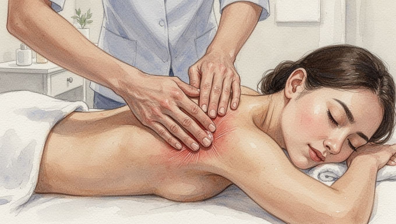 Close-up watercolor illustration of one therapist using thumbs for sustained deep pressure on a trapezius muscle knot, client lying face down on a massage table in a clean spa room, focused relaxation, warm earthy tones.
