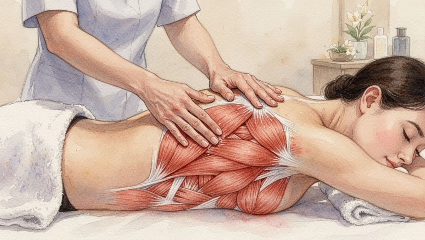 Therapist hands apply firm pressure to tight upper back muscles and releasing fascia on a client face down on a massage table in a spa setting, watercolor style.