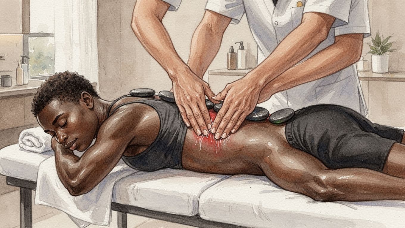 A fit athlete lies face down on a massage table in a modern Kilimanjaro Nairobi spa, receiving deep tissue massage on the lower back as therapist hands work out knots, with hot stones placed along the spine for added relief, depicted in watercolor style with soft blending and warm neutral tones.