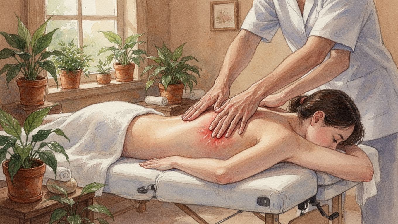 A person lies face down on a massage table receiving deep tissue work on their lower back in a cozy spa with plants, shown in watercolor style with soft blending, warm palette, and muscles visibly loosening. Side angle composition with soft natural light, one therapist's hands on back, no faces shown.