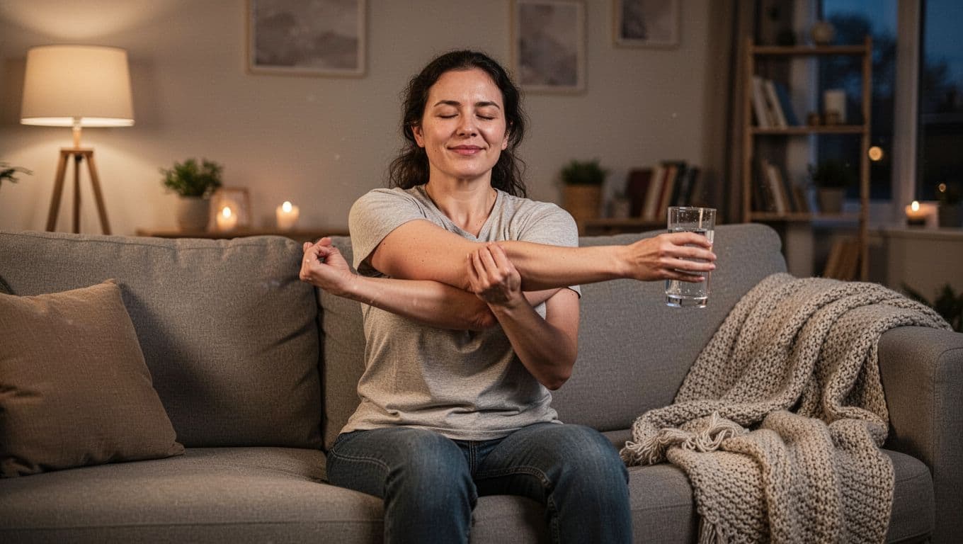 Deep Tissue Massage 11 A single person sits comfortably on a couch at home after a deep tissue massage, holding a glass of water while lightly stretching an arm across their body, with a relaxed face in a cozy living room bathed in soft evening light.