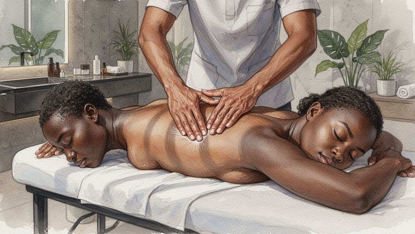 Massage in Nairobi: Types, Prices, and Fortune Spa in Langata 5 Athletic person lies face down on table as therapist presses thumbs and elbows into tight back muscles in modern spa.