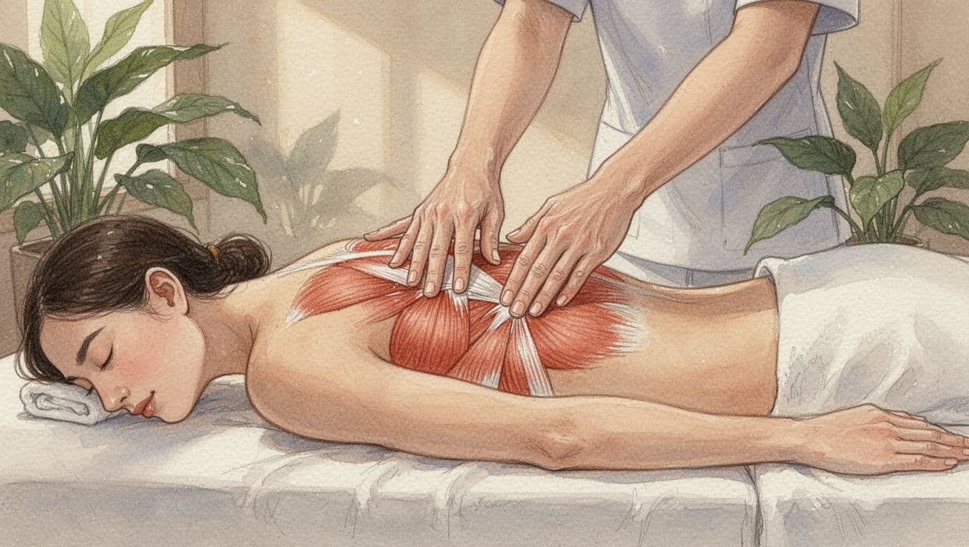 Person lying face down on massage table in serene spa receiving deep tissue massage targeting tight knots in upper back and shoulders with firm thumb pressure. Watercolor style featuring soft blending, brush texture, warm earth tones, and plants nearby.