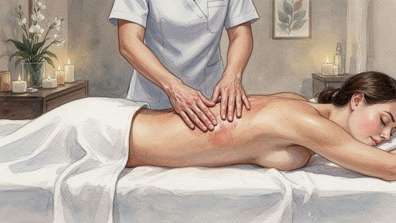 Massage therapist's hands applying firm deep tissue strokes to stubborn knots in a client's upper back and shoulders on a spa table, serene watercolor style with warm earthy tones.