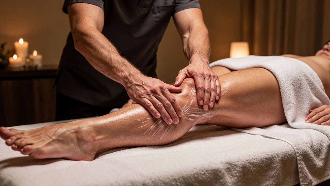 Deep Tissue Massage 3 Experienced therapist applying slow long strokes and cross-fiber friction techniques to a client's muscular lower leg and calf in a professional spa with dim warm lighting.