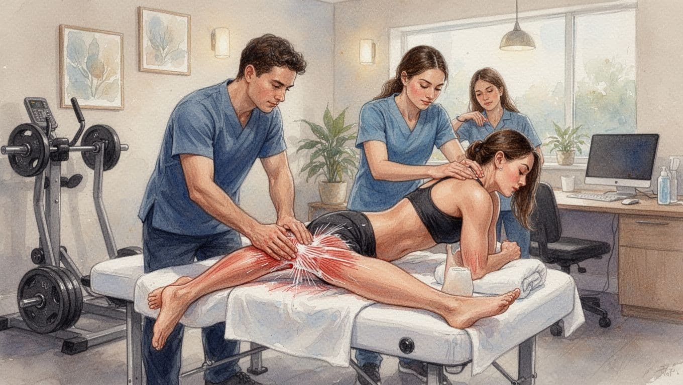 In a serene spa room with fitness elements, an active gym-goer receives deep tissue leg massage on a table from a therapist's hands, while a desk worker gets shoulder work nearby, depicted in watercolor style with soft blending, brush texture, and warm lighting.