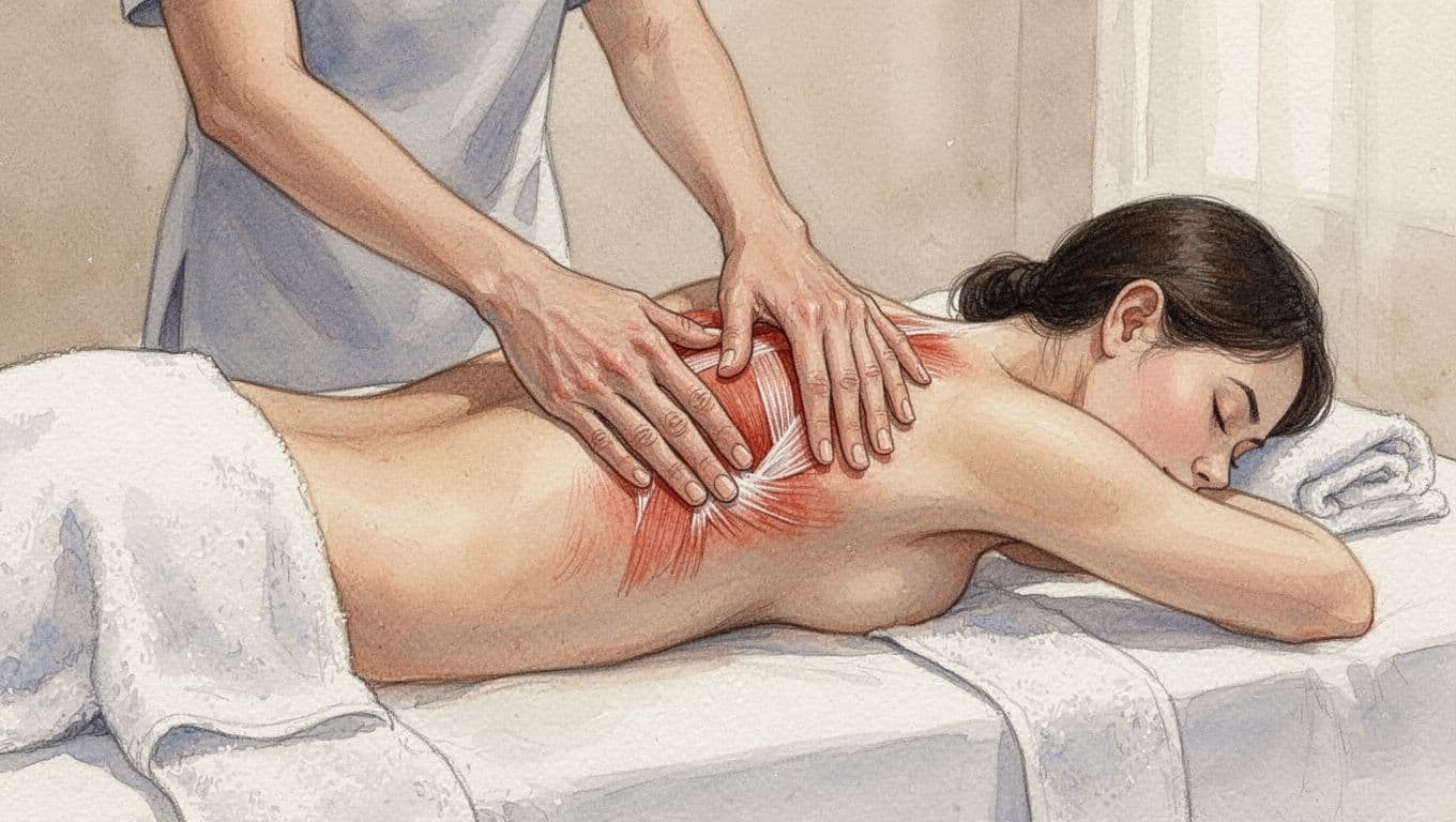 Massages in Langata: A Clear Guide from Fortune Massage & Spa 5 Watercolor of therapist hands pressing tense lower back and shoulders on massage table.