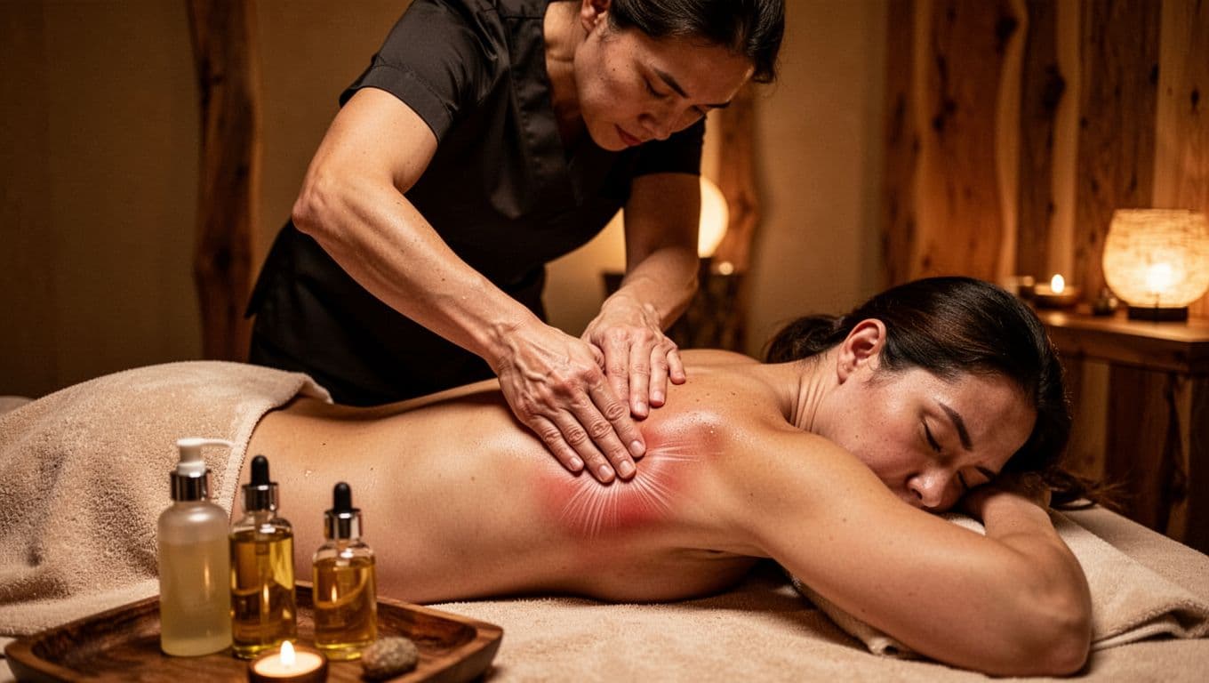 Professional deep tissue massage session in a dimly lit spa room with one masseuse using firm elbows and thumbs on client's tight lower back muscles; client face down on table, oils nearby, warm amber lighting, wooden elements.