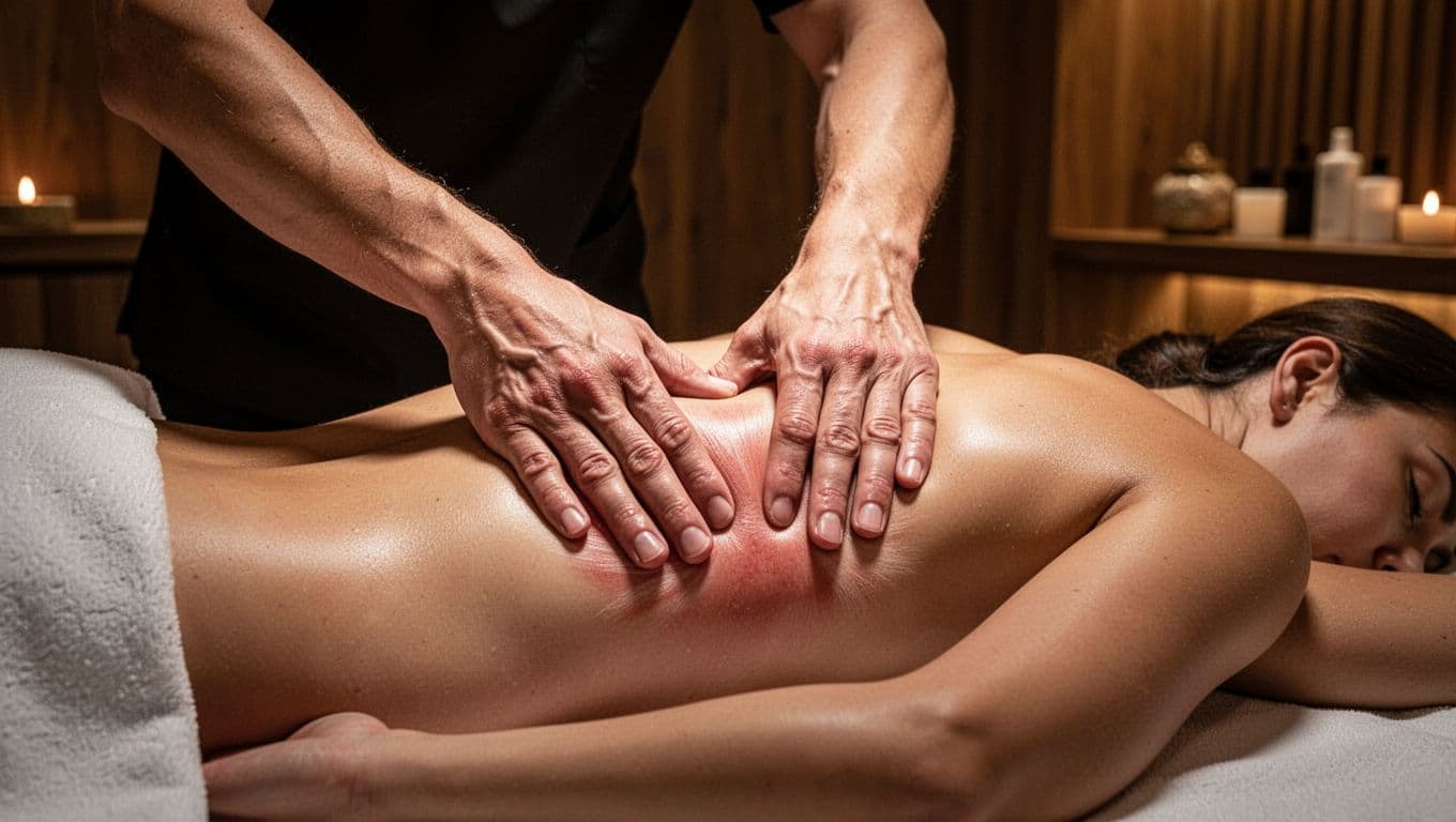 Close-up of a therapist applying firm thumbs pressure on tight lower back knots during deep tissue massage in a dimly lit spa, with bold 'Break Tension' headline.