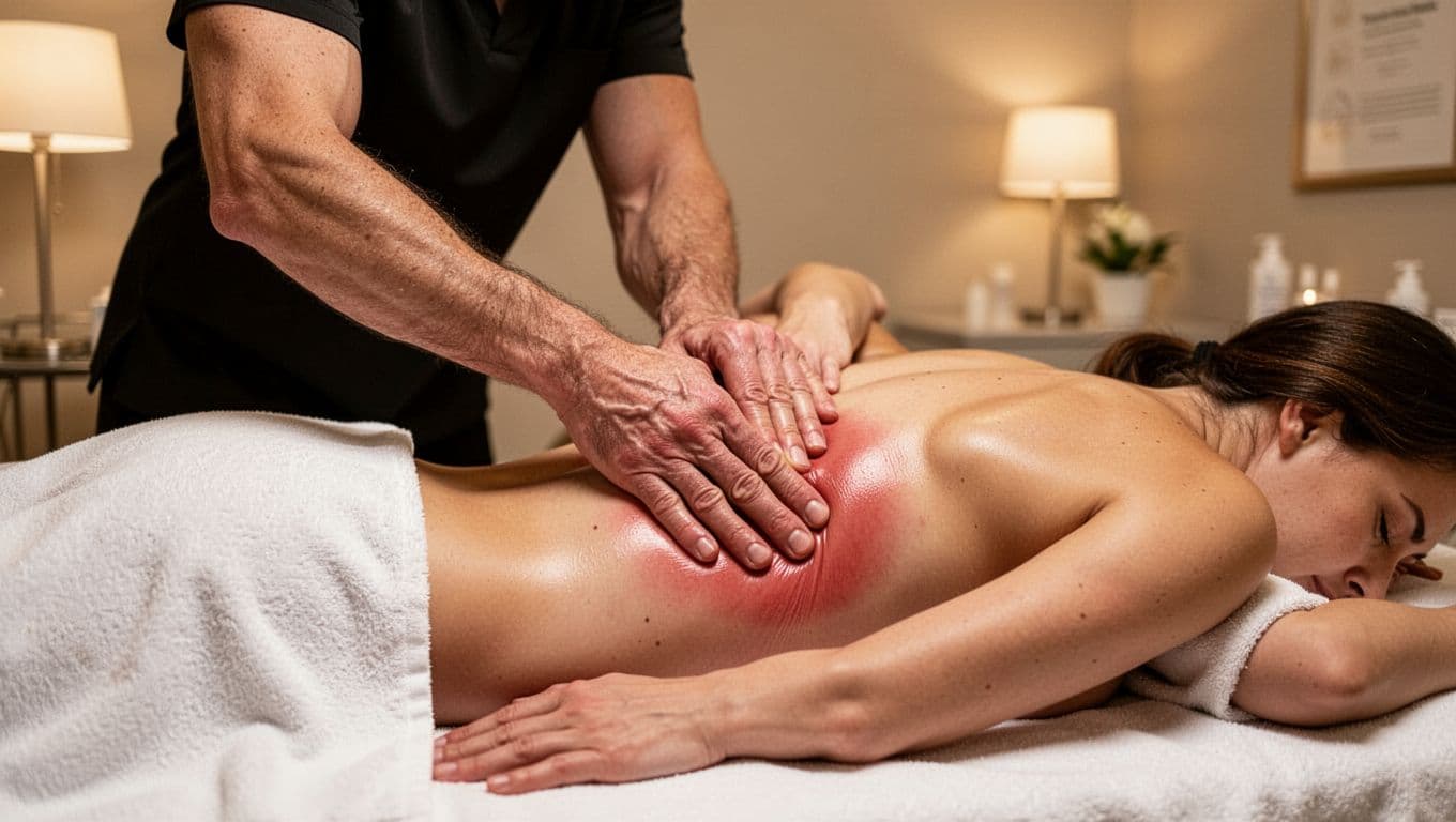 Experienced therapist applies firm pressure using thumbs and forearms to release knots in client's lower back during deep tissue massage in a professional spa.