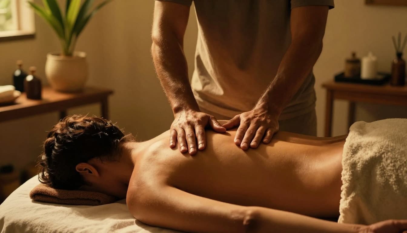 Therapist performing deep tissue massage on client's tense shoulders and upper back in a cozy Nairobi spa, warm golden lighting highlights muscle relief with cinematic shadows.