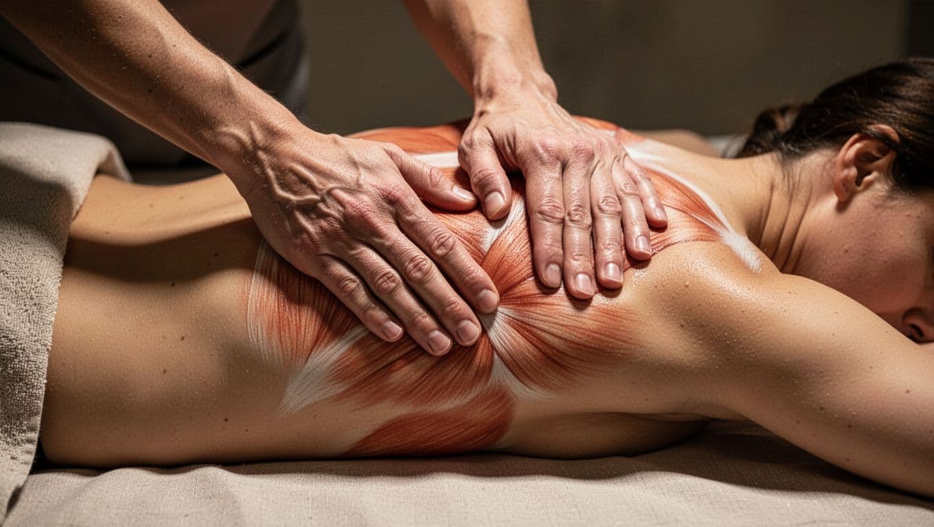 Close-up of a therapist applying firm pressure to a client's back with strong, controlled hand movements. The dramatic lighting highlights muscle tension relief and professional technique in a clinical setting.