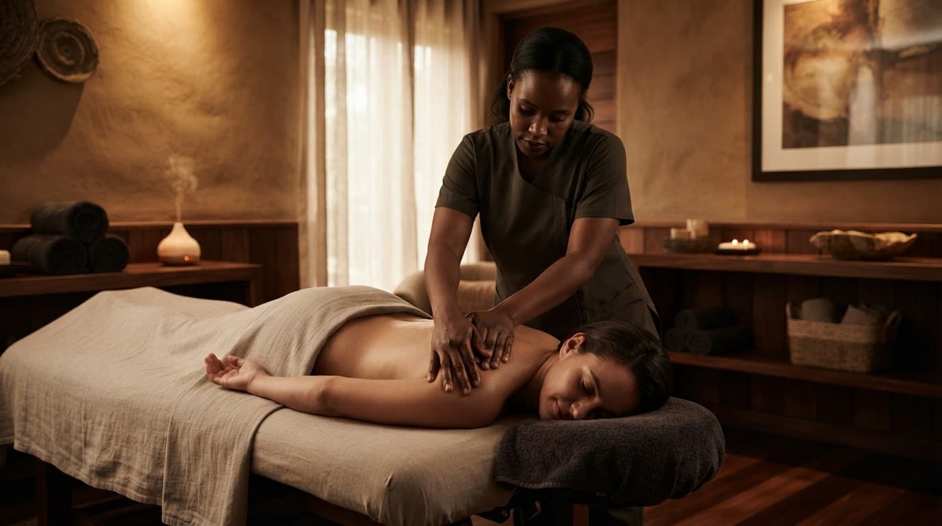 A therapist massages a client's upper back in a warmly lit spa room.