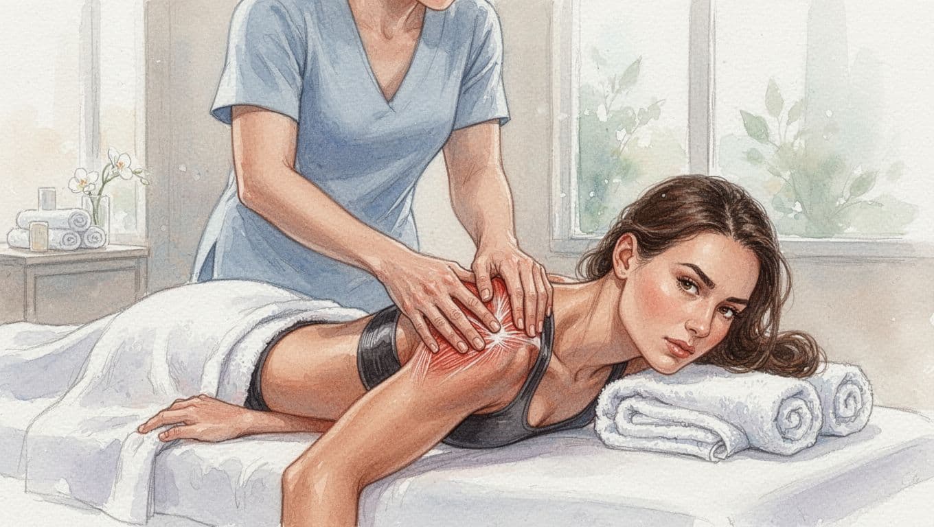Therapist applies firm pressure with both hands to athlete's tight shoulder muscles on massage table in spa with towels.