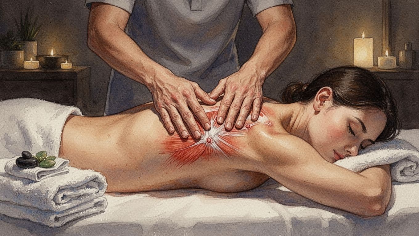 A strong therapist applies firm deep tissue pressure using thumbs and elbows on tense shoulders and upper back of a client lying face down on a massage table in a serene spa with dim warm lights. Watercolor style features soft blending, visible brush texture, and warm earthy tones, focusing on targeted muscle knots.