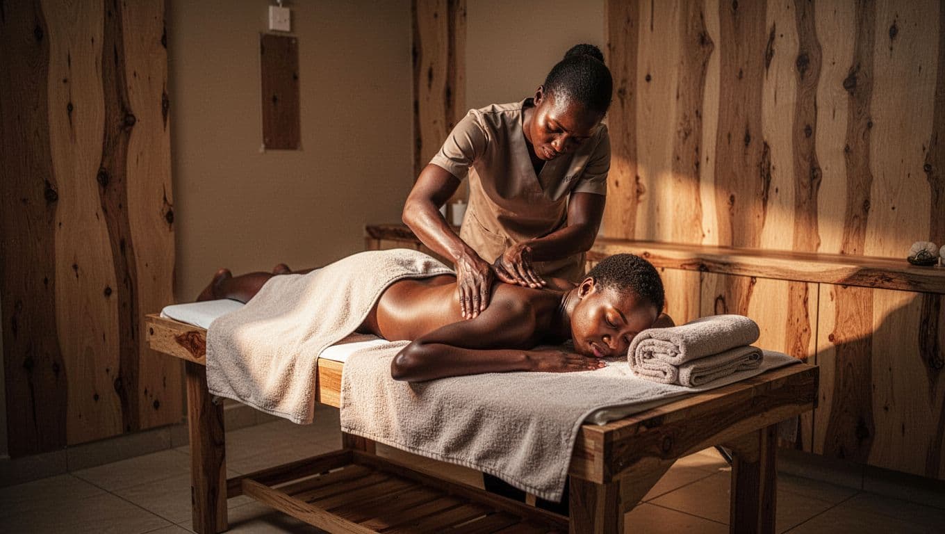 A therapist massages the upper back of a client lying face down in a warm spa room.