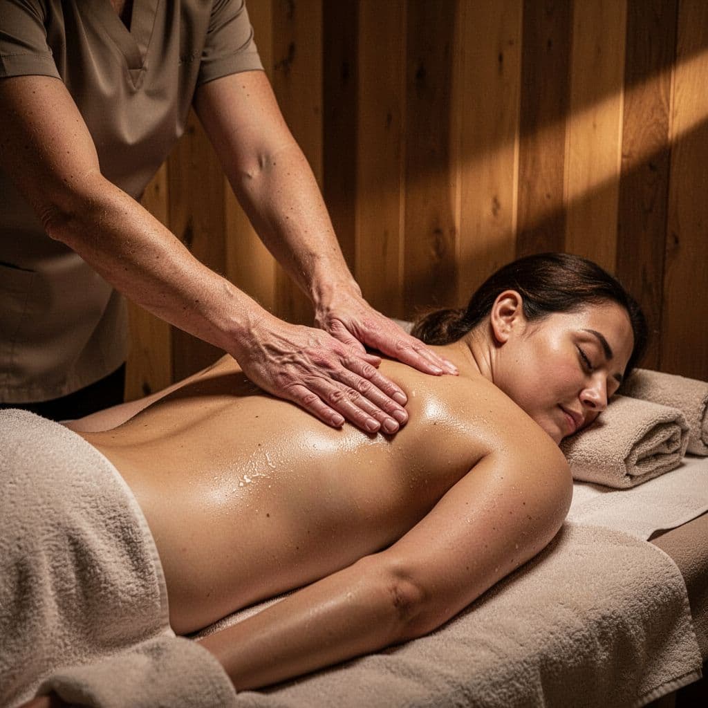 A focused massage therapist applies firm pressure to a client's back inside a dark, serene spa room. Warm amber spotlights highlight the defined muscles and the therapist's precise hand positioning.