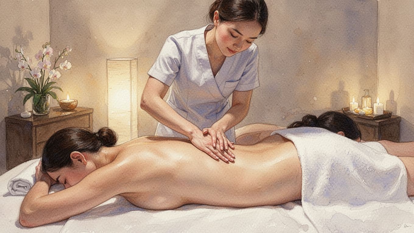 A massage therapist uses firm, controlled pressure on a client's back within a peaceful, dim spa setting. The artwork features soft watercolor textures that emphasize a sense of calm and healing.