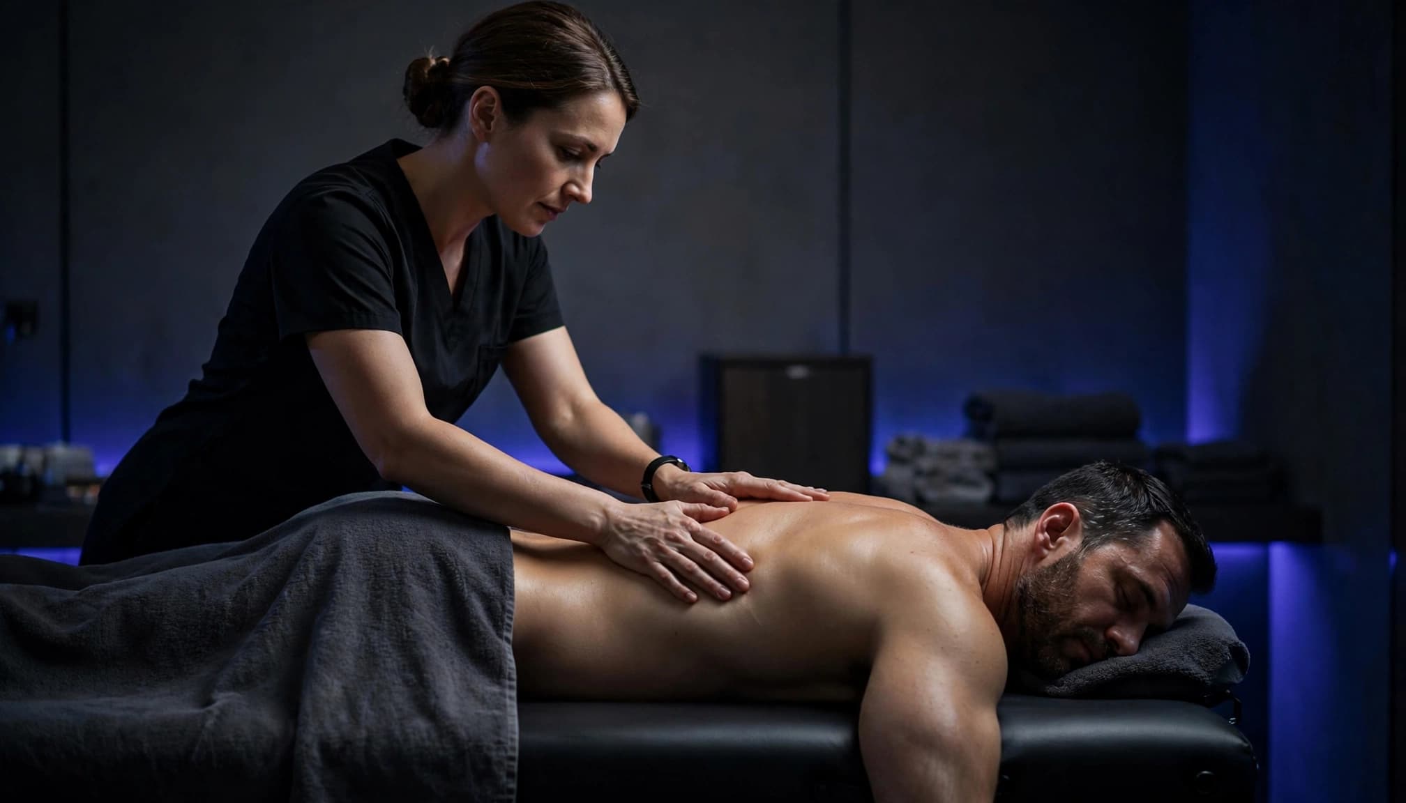 Therapist applying focused pressure to a client's upper back in a dim massage room.