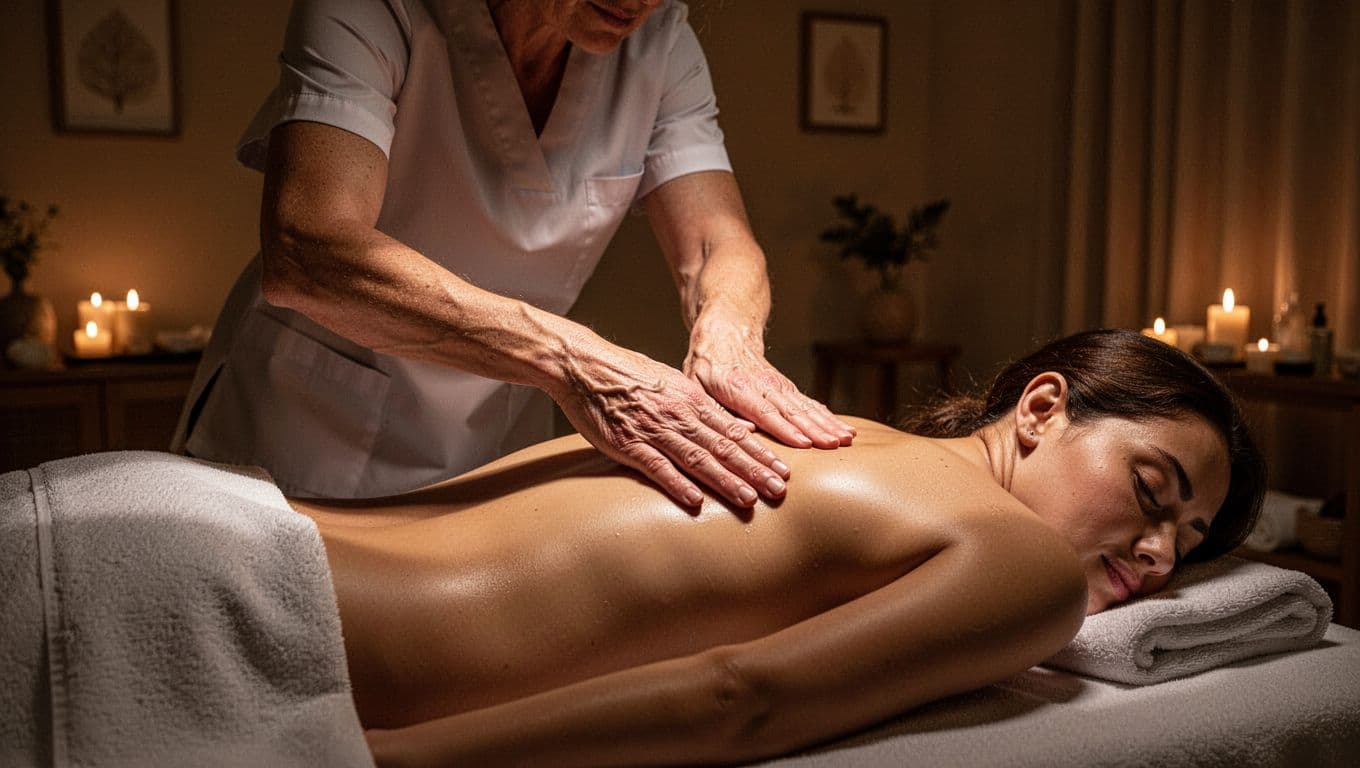 A therapist applying firm pressure to a client's back during a deep tissue massage.