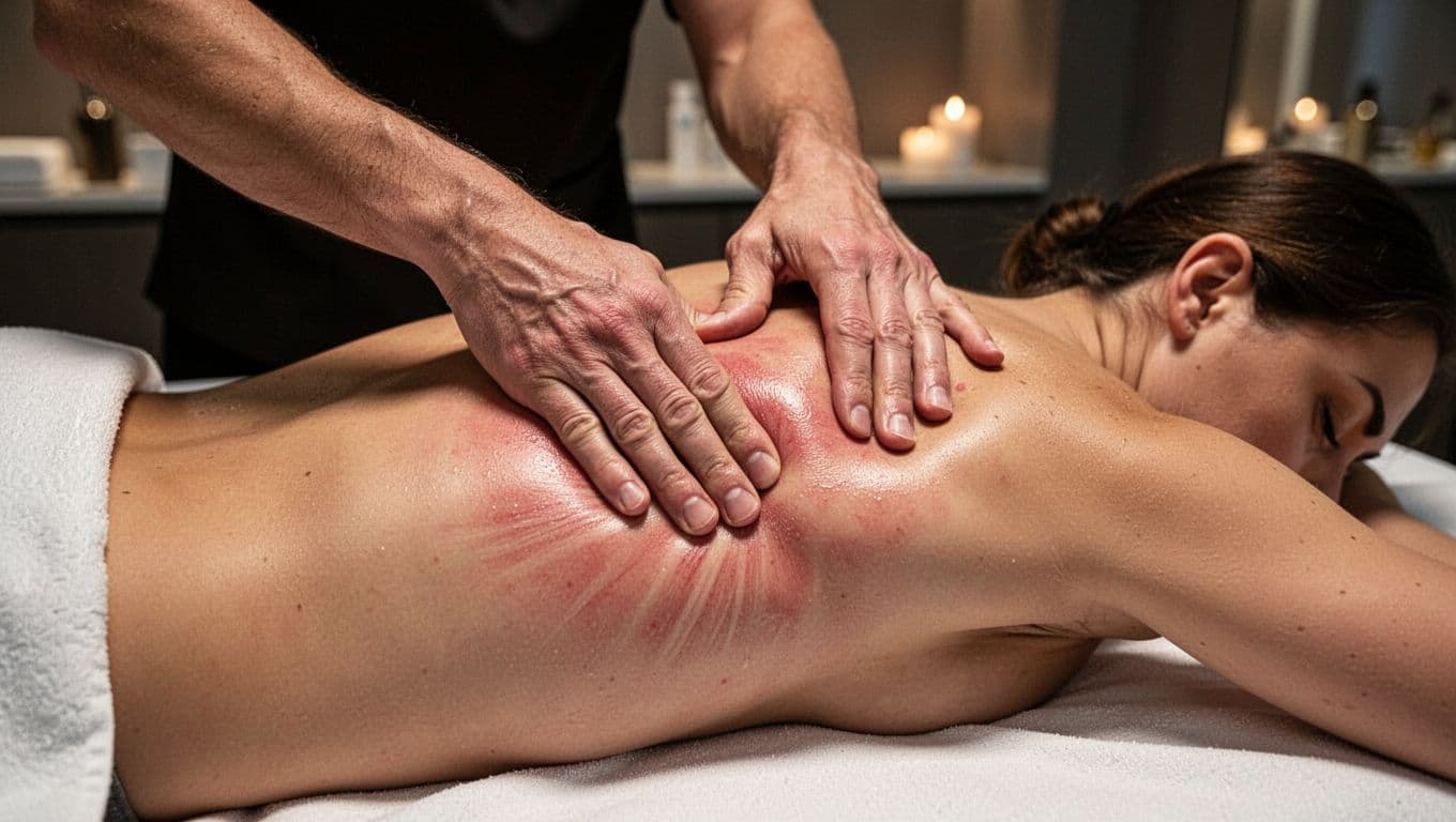 Close-up of thumbs pressing firmly into knots on tight back muscles during deep tissue massage, with client on stomach on a professional spa table under dim ambient lighting.