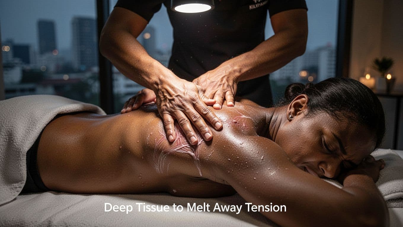 One massage therapist applies slow, deep, firm pressure using thumbs, forearms, and elbows to tight, knotted upper back and shoulders of one client lying face down, transitioning from tension to relief on a professional table in a modern Kilimani spa with spotlight on muscles and blurred city view.