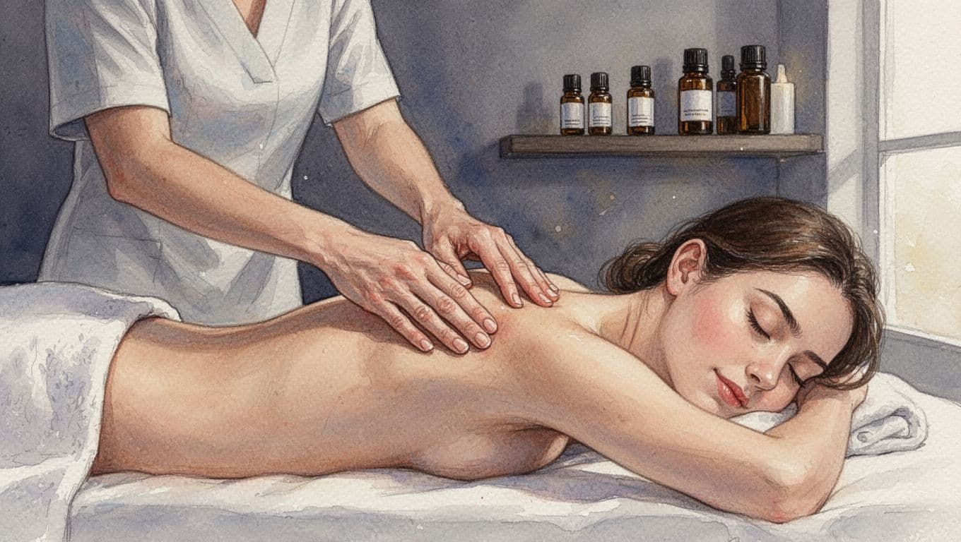 One therapist applies slow firm thumb pressure to tight upper back knots on a face-down client on a massage table in a professional Nairobi spa room with dim lighting and essential oil shelf, watercolor style with soft blending.