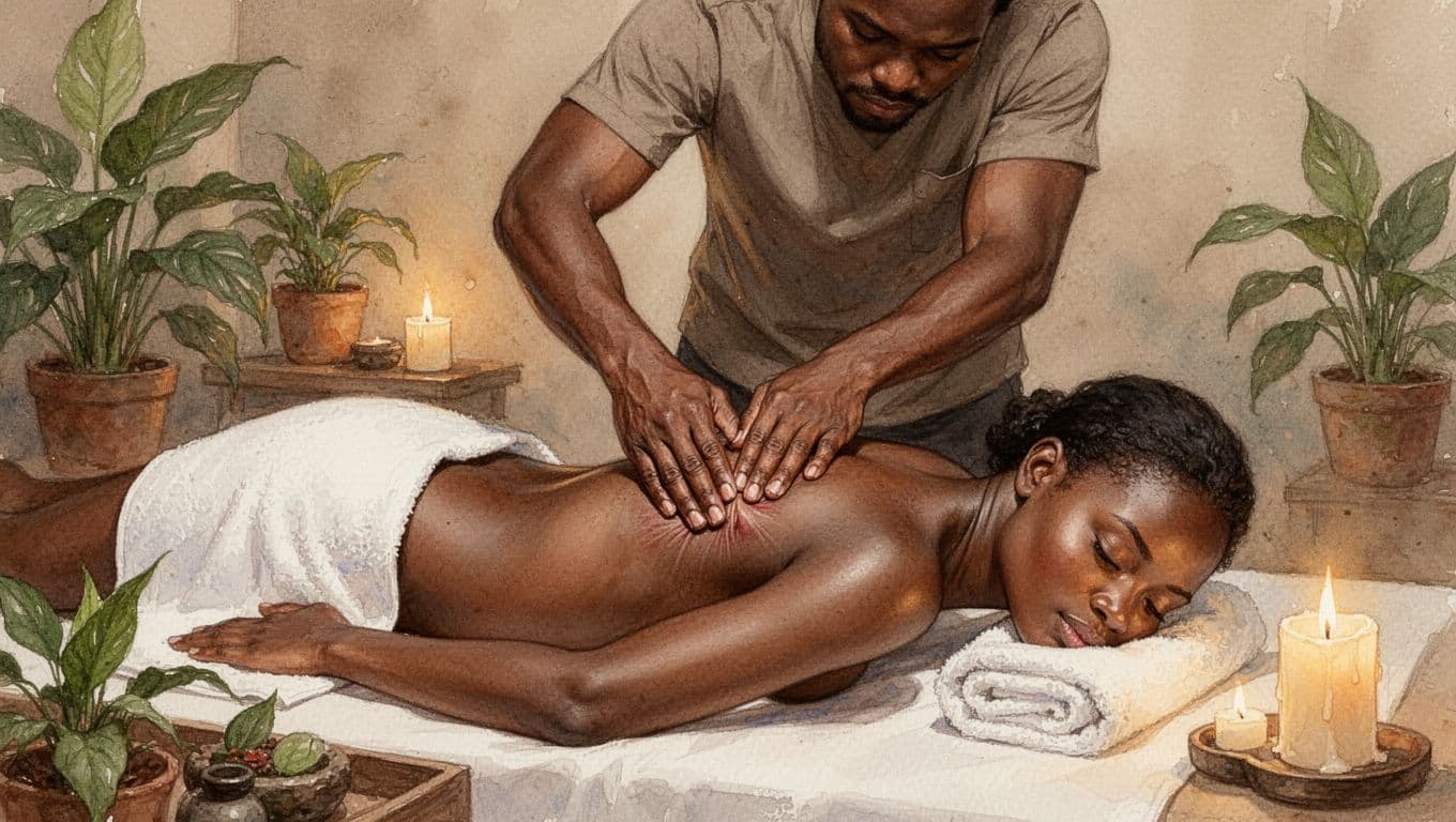 A focused deep tissue massage therapist applies firm pressure to the client's upper back knots in a serene Nairobi spa, with the client face down, towel on legs, calming atmosphere with plants and candlelight in watercolor style with earthy tones.