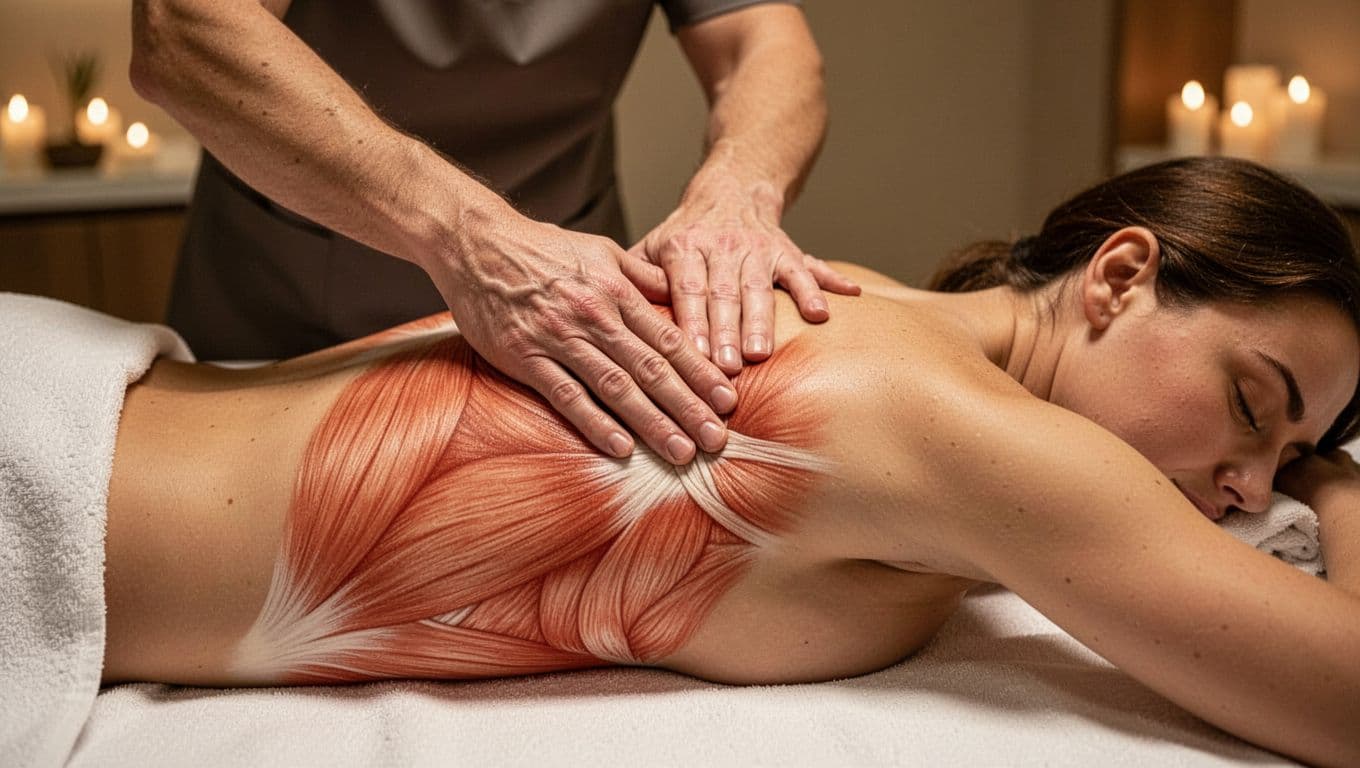 Massage 8 Therapist hands applying firm slow pressure to release a muscle knot in the upper back of a client lying face down on a massage table, in a professional spa with focused lighting on hands and back, realistic visible muscle texture.