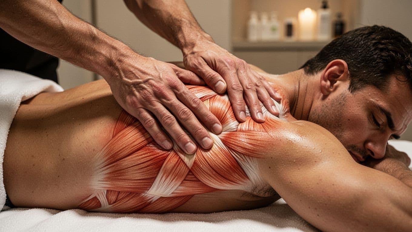 Close-up of strong therapist hands applying firm deep tissue pressure to tense upper back and shoulder knots on an athletic man lying face down on a massage table in a spa.