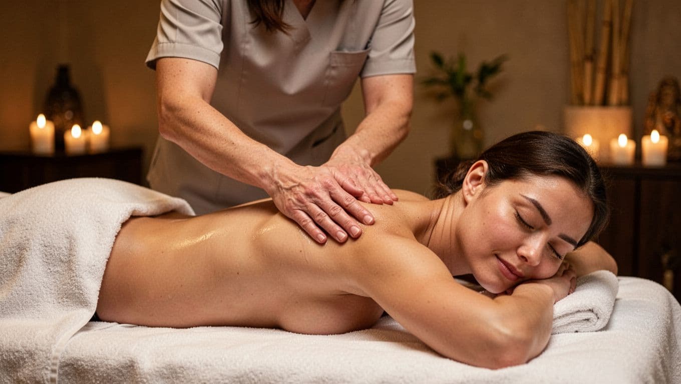 Deep Tissue Massage 10 Professional therapist uses thumbs and palms for sustained pressure on a client's upper back during deep tissue massage; client lies face down relaxed with eyes closed on spa table in serene room with dim warm lighting.