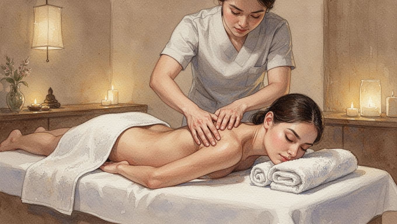 Watercolor illustration of a single client face down on a massage table receiving firm deep tissue pressure from a therapist's thumbs and elbows on stubborn shoulder knots in a calm spa with warm lights and towels.