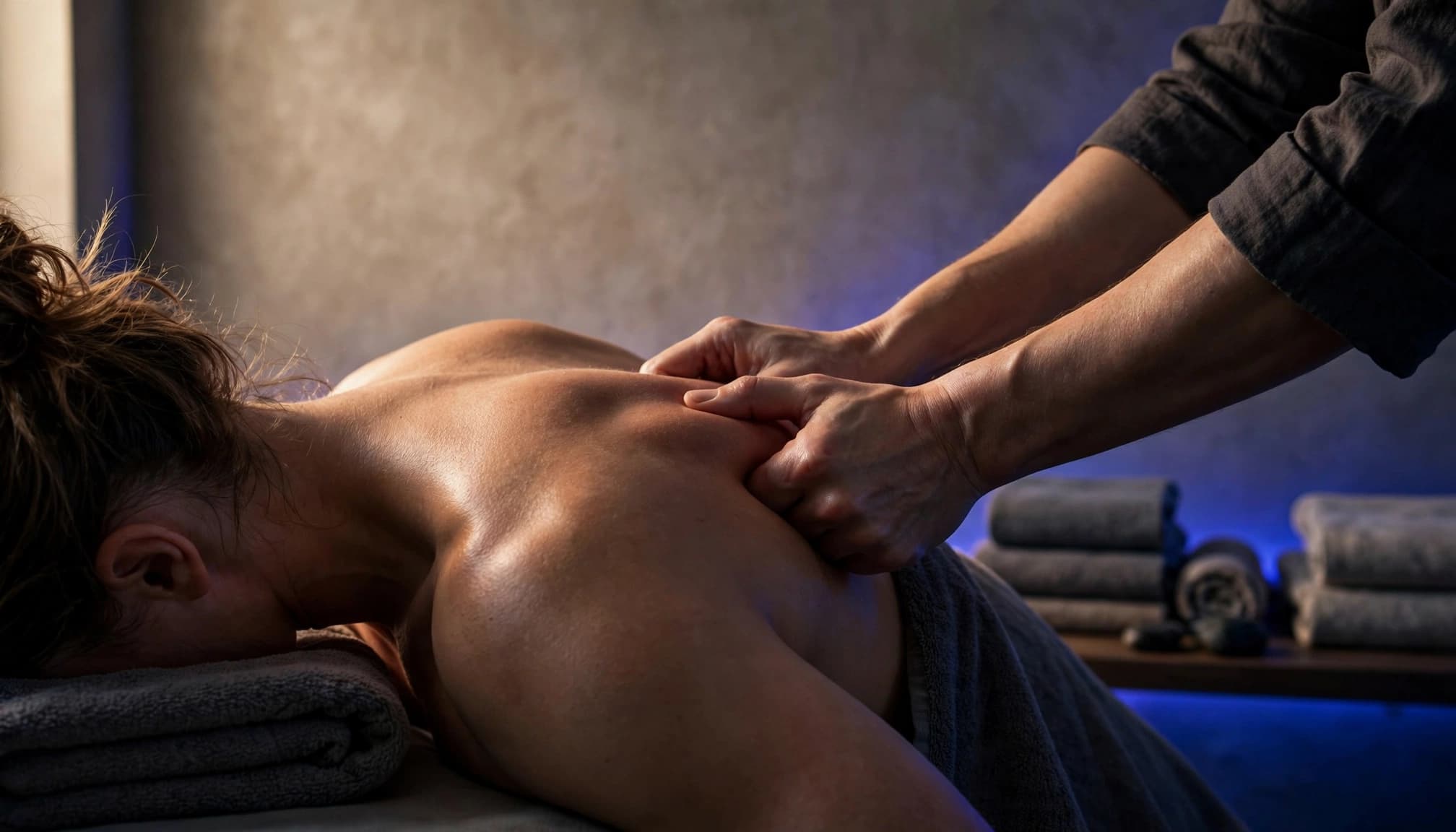 Adult receiving a focused upper-back massage in a softly lit treatment room.