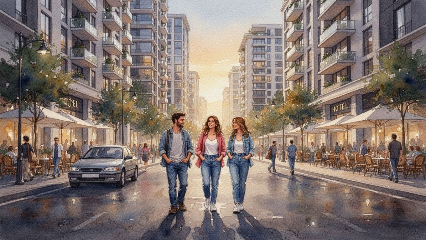 Kilimani Escorts, Nairobi Escorts, and Xxnairobi Escorts Guide 6 Xxnairobi Escorts-Nairobi Escorts Near You For Fun Watercolor view of Denis Pritt Road in Kilimani Nairobi with modern apartments, hotels, cafes, three pedestrians, parked car, and evening light.
