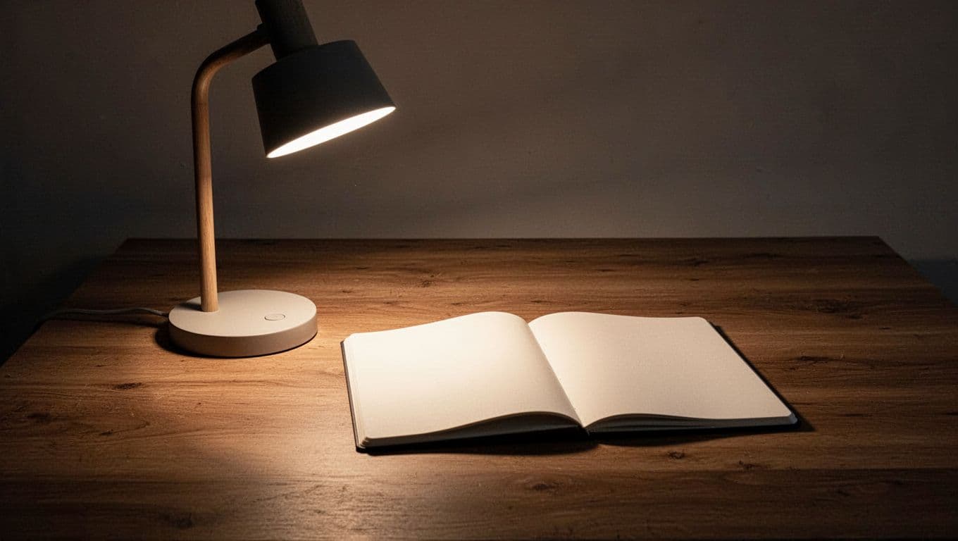A glowing desk lamp beside a notebook on a minimalist wooden desk.