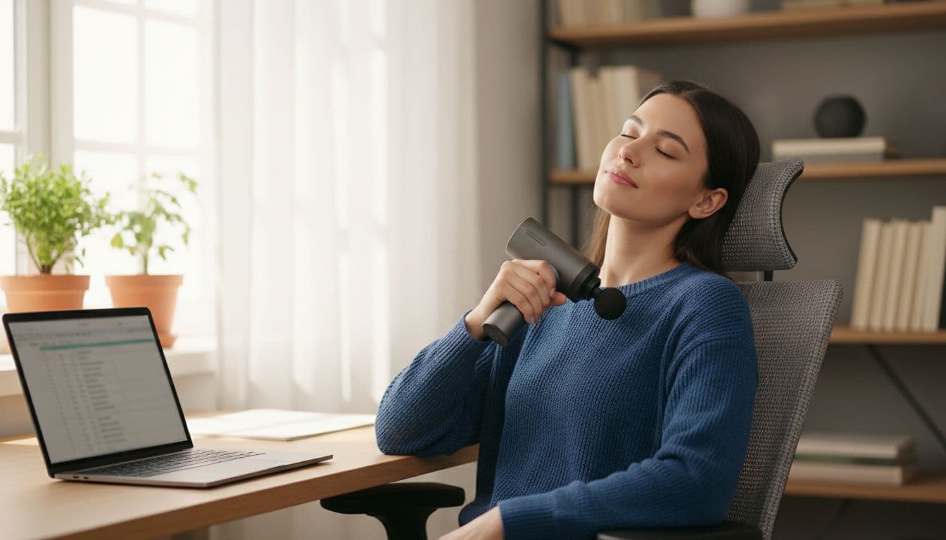 A relaxed desk worker in a home office seated at a desk with laptop uses a compact massage gun on tight neck and shoulders, illuminated by natural daylight through the window. Realistic photo style featuring exactly one person, no text or logos.