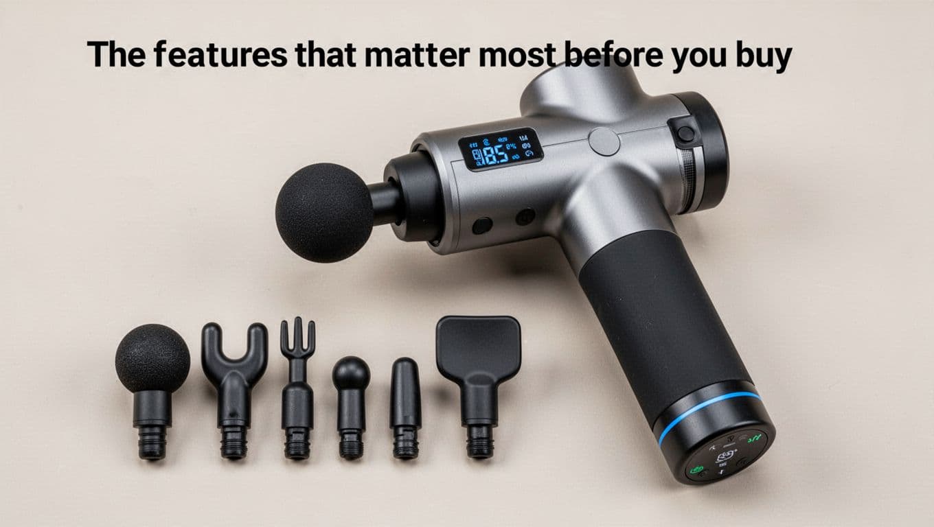 Massage Gun Guide: Benefits, Safe Use, and How to Choose One 5 Close-up of a high-quality massage gun disassembled to show ergonomic handle, multiple attachments (ball, fork, bullet, flat), digital display for speeds and battery, compact design on neutral background with soft lighting and sharp details.