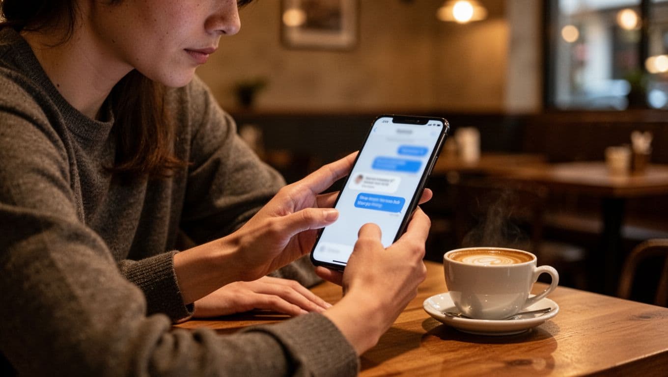 A person in a discreet cafe setting glances cautiously at their phone screen with blurred incoming messages, relaxed pose with hands resting naturally and a coffee cup nearby, under warm ambient lighting to emphasize privacy awareness.