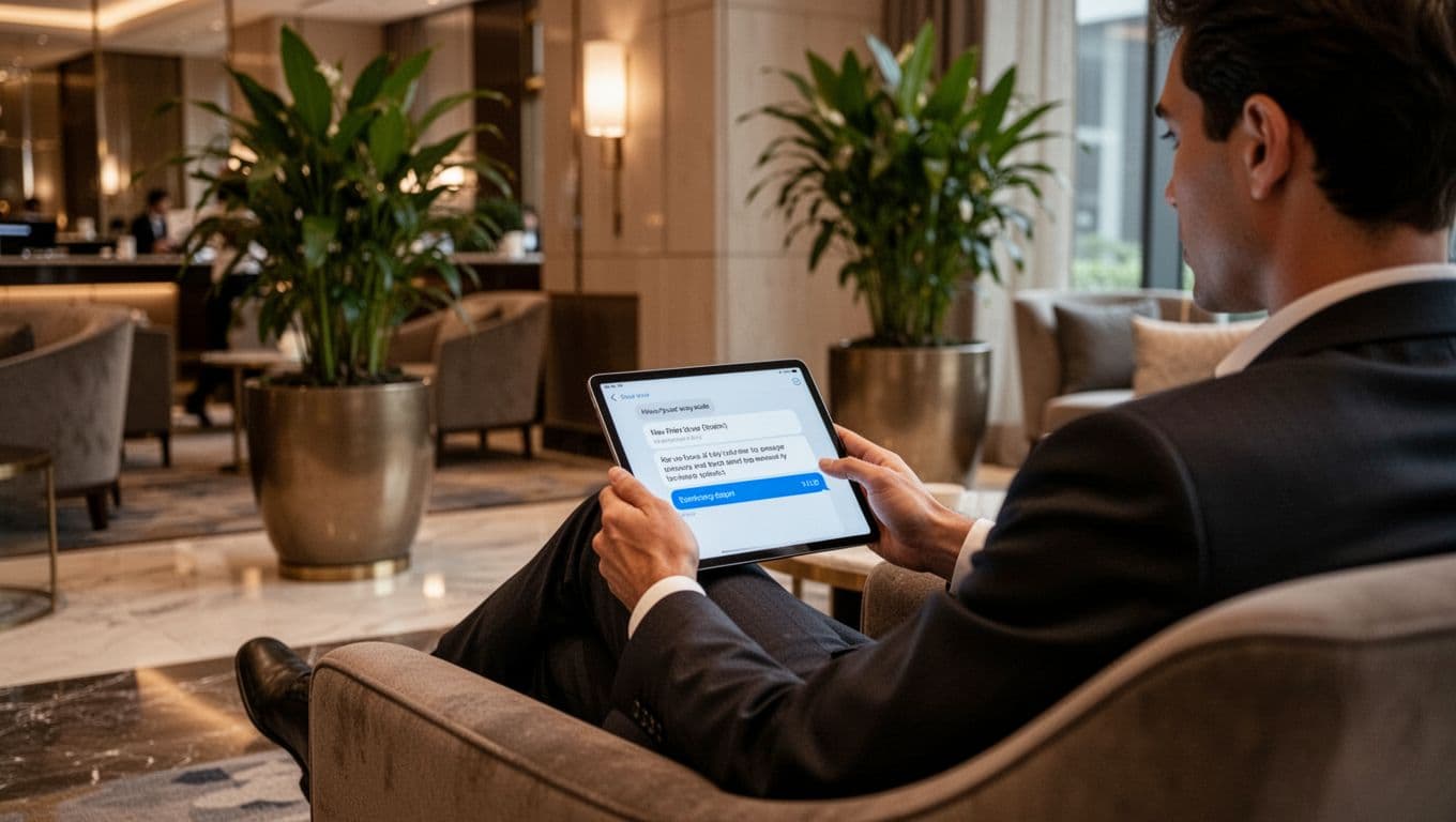 A single person sits relaxed in an upscale hotel lounge, discreetly using a tablet on their lap to message, with soft ambient lighting and elegant modern decor including a potted plant. The view is partially from behind, emphasizing subtle privacy with no readable screen text or extra objects.