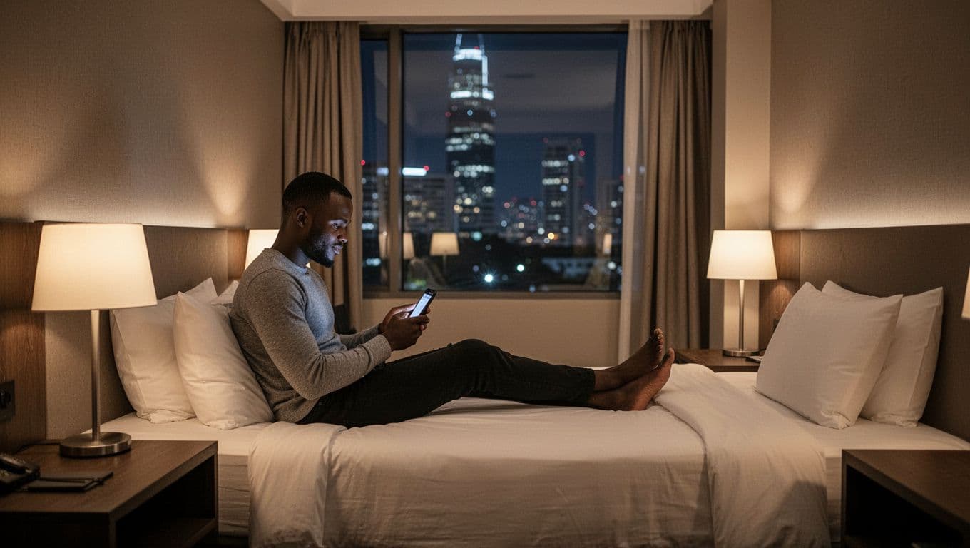 Adult Entertainment in Nairobi for Foreign Visitors at Night A single man sits relaxed on the bed in a modern Nairobi hotel room at night, checking his smartphone under soft lamp lighting, with a city view through the window, emphasizing privacy and calm atmosphere.