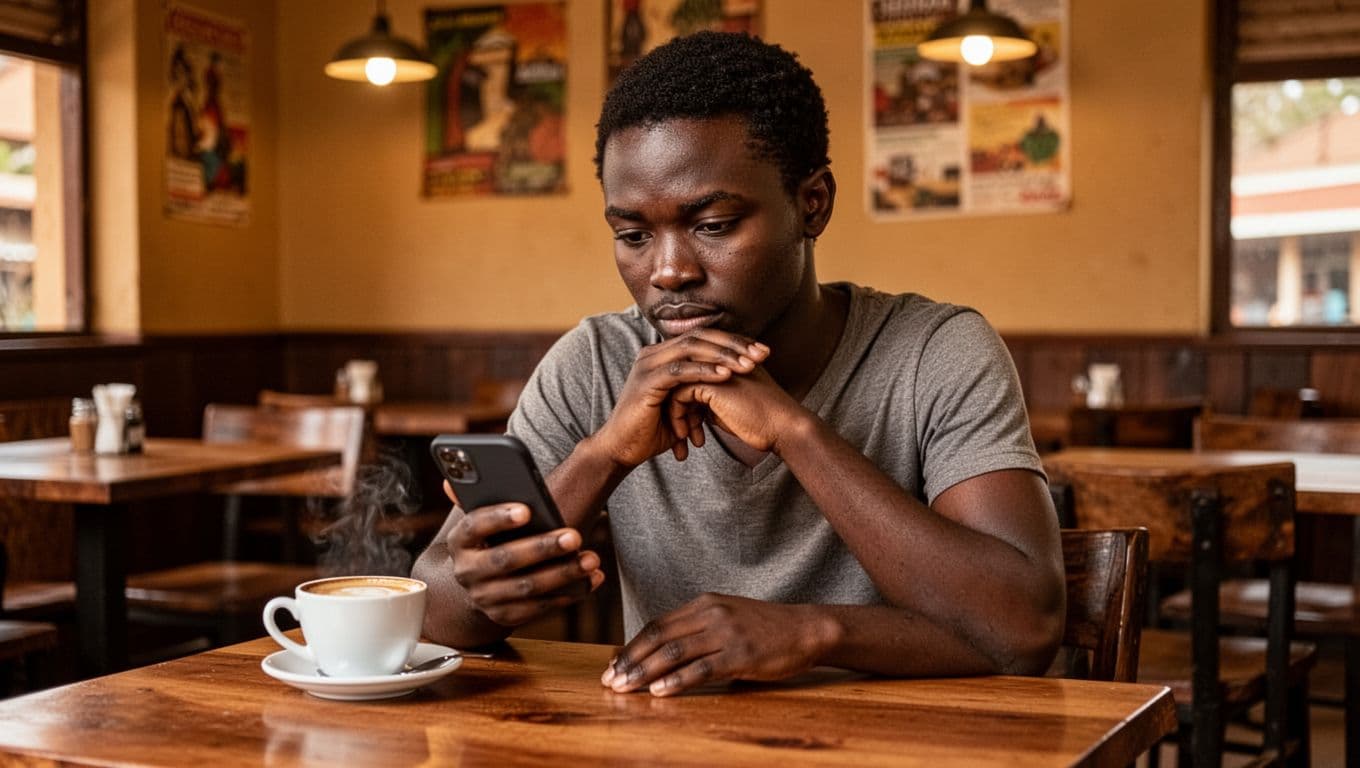 Person seated alone at a cafe table in Nairobi-style setting, cautiously checking phone screen with relaxed hands, coffee cup beside, thoughtful expression, warm lighting, emphasizing privacy awareness.