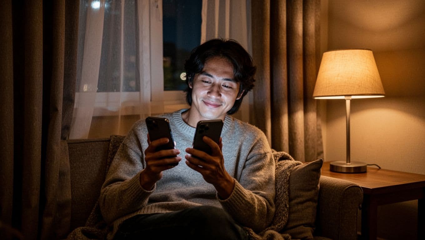 A single person sits alone in a cozy private room at night, holding a smartphone whose soft screen glow illuminates their relaxed face while browsing discreetly, with curtains drawn and warm side lamp lighting for privacy.