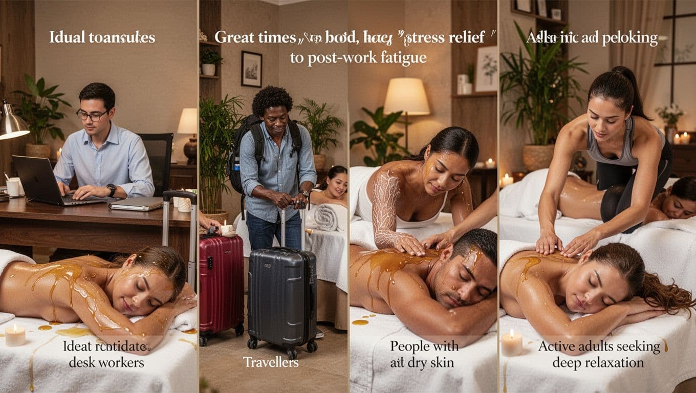 Hot Oil Massage 10 Four diverse adults including a desk worker, traveler, person with dry skin, and active gym-goer, shown relaxed post hot oil massage in a cozy spa with plants, warm oil glistening on skin, soft lighting, landscape composition.