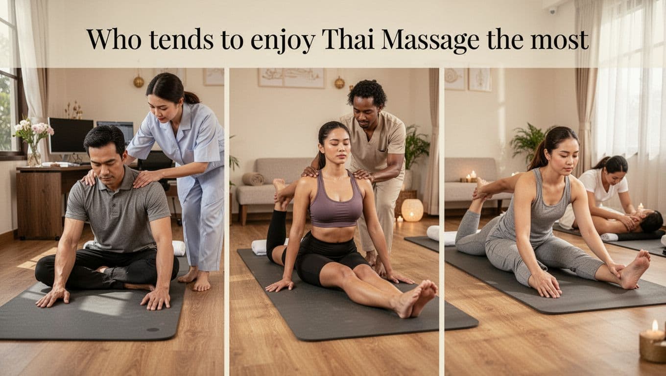 Three diverse clients—an office worker relieving stiff shoulders, an athlete stretching hips, and a wellness enthusiast in full-body pose—relax during guided Thai massage sessions in a serene spa room with soft natural lighting.