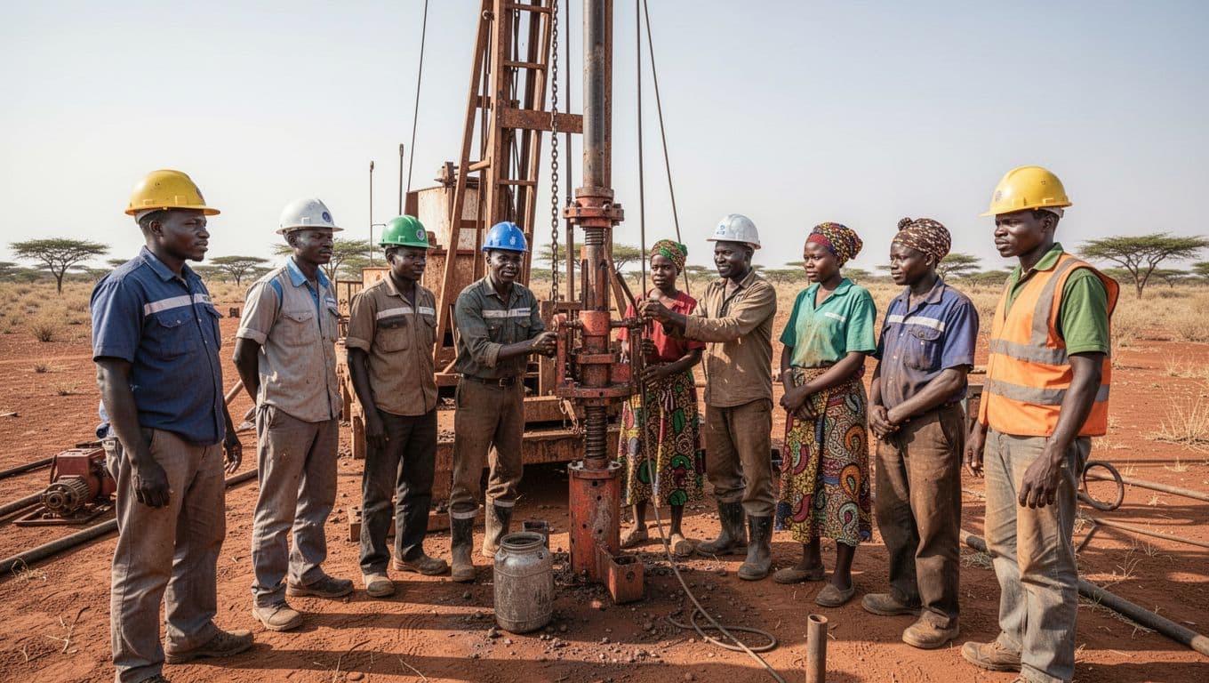 Group of diverse Kenyan workers including youth and women training on oil drilling equipment in a sunny arid Turkana field with two instructors, realistic photo in natural daylight.