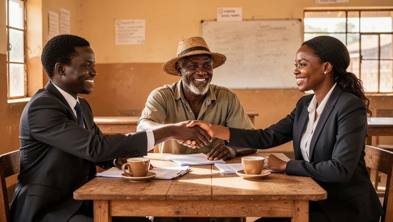 Three diverse Kenyans—a suited professional, casual farmer, and mediator—smile and shake hands around a wooden table in a bright Nairobi community center after reaching an ADR agreement, with documents and coffee cups under warm natural light.