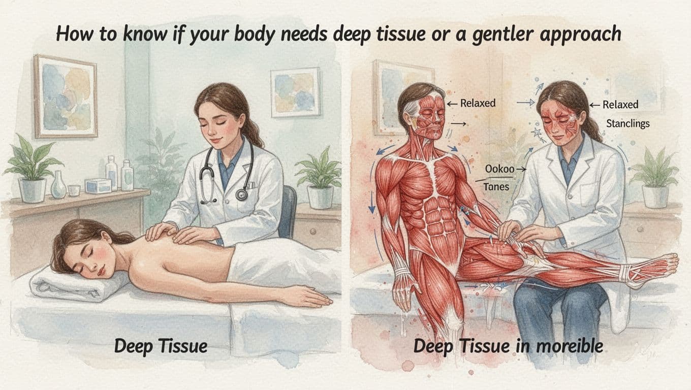 Split-scene watercolor of patient consulting doctor on massage options, showing gentle relaxation versus deep tissue with relaxed and tense muscle signals in a calm clinic.